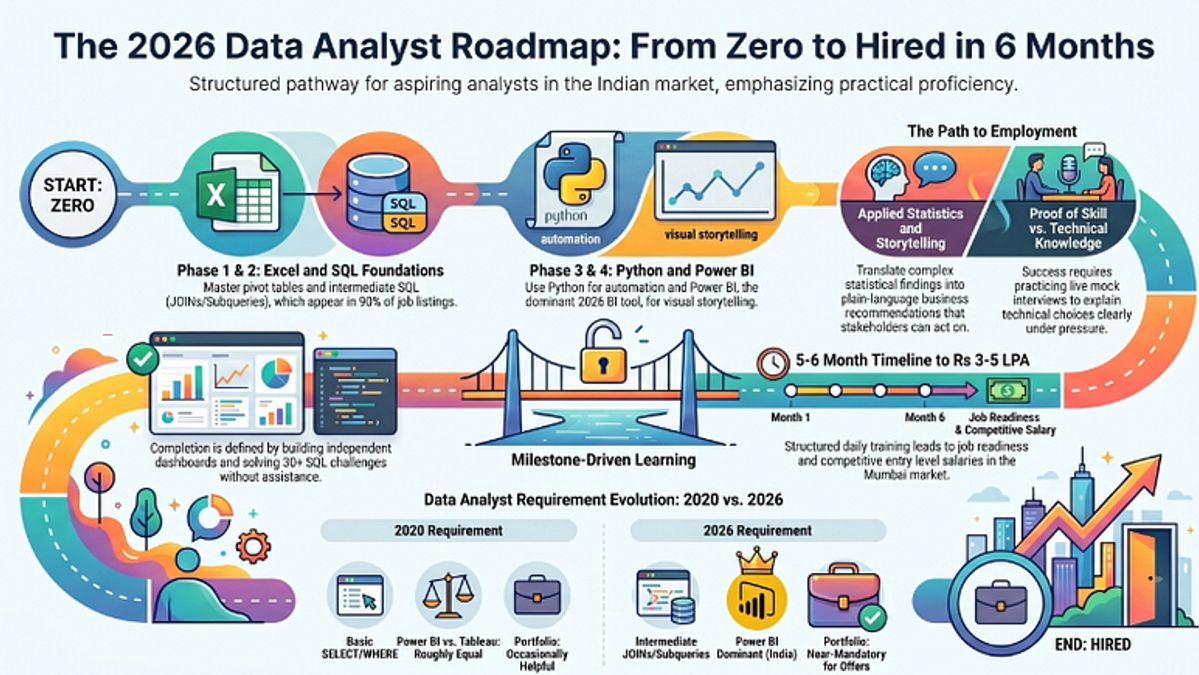 Infographic showing why most Data Analyst roadmaps leave beginners confused by listing too many tools without a clear sequence for first employment in India