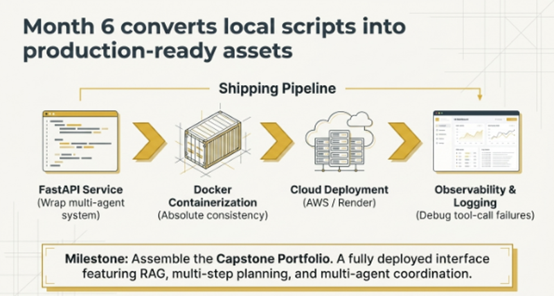 6-MONTH AGENT BUILD Roadmap showing month by month progression from Python foundation through LLM APIs RAG single-agent multi-agent to deployment