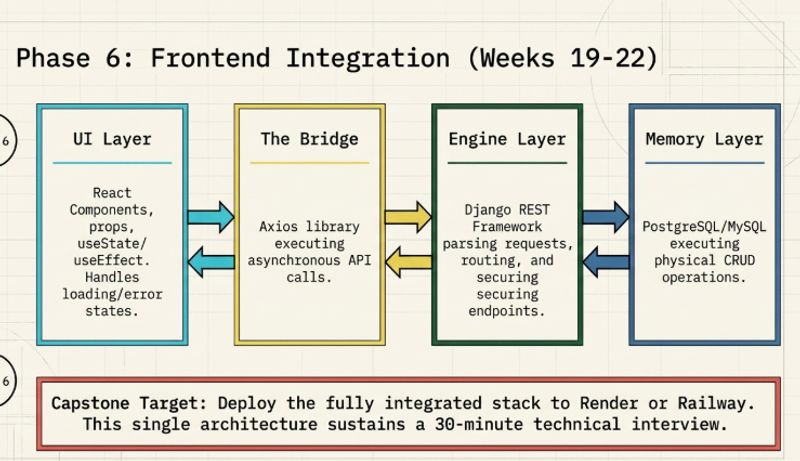 Phase 6 React frontend integration with Django REST API showing components props state useEffect Axios and full stack application deployment