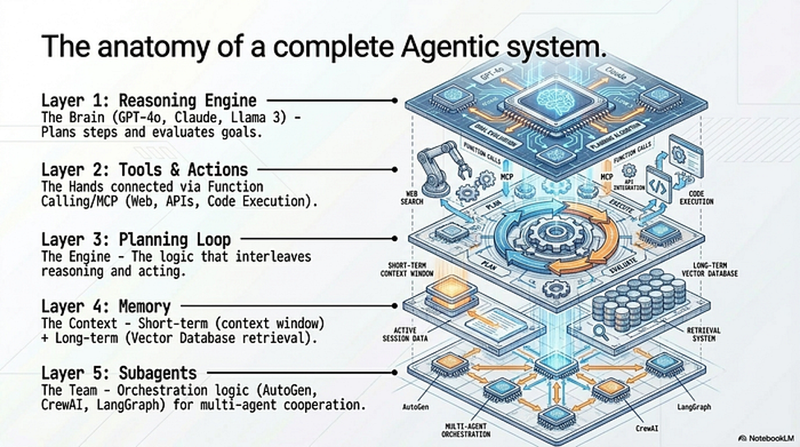 The anatomy of a complete Agentic AI system showing reasoning engine tools planning loop memory and subagents