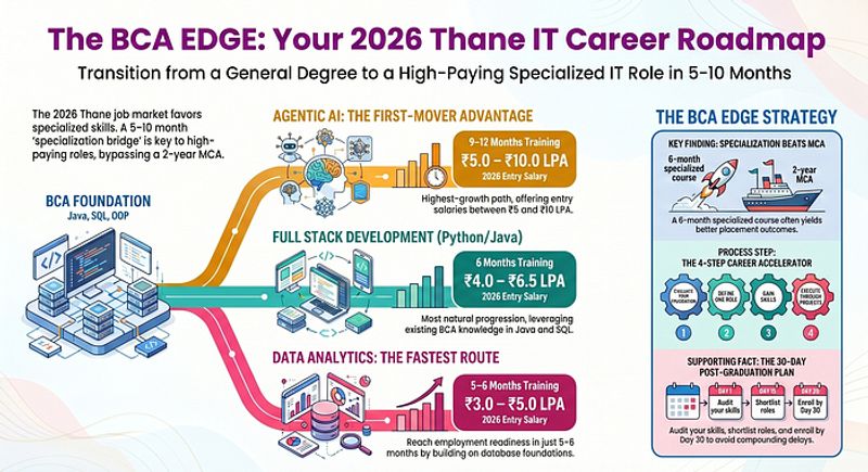 Overview diagram showing what a BCA degree covers Java, SQL, HTML, OOP, Data Structures and how it forms the foundation for IT career specialisations