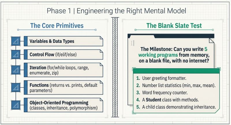 Phase 1 Python foundations visual showing the mental model for variables data types control flow functions and OOP as the base layer for all Python development
