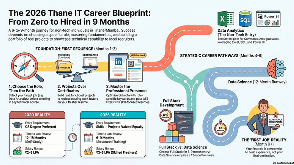 IT career options table showing roles, required skills, and job-ready timelines for freshers in Thane in 2026