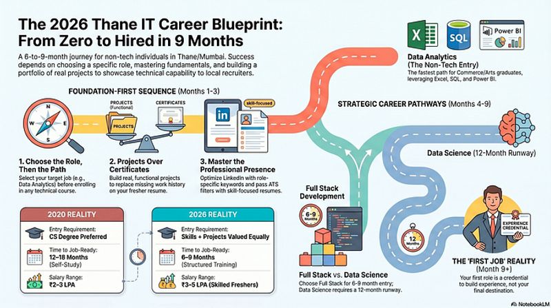 IT career options table showing roles, required skills, and job-ready timelines for freshers in Thane in 2026