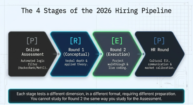 Four stages of Python developer interview in India 2026 showing online assessment conceptual round project walkthrough and HR round