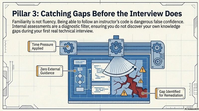 Pillar 3 Exams visual showing how internal assessments catch knowledge gaps before they appear in real technical interviews