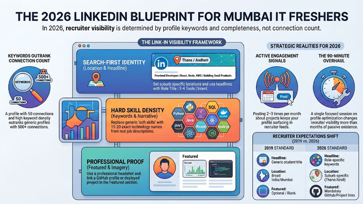 2026 LinkedIn blueprint for Mumbai IT freshers showing the five key profile elements that attract recruiter attention