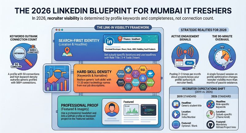 2026 LinkedIn blueprint for Mumbai IT freshers showing the five key profile elements that attract recruiter attention