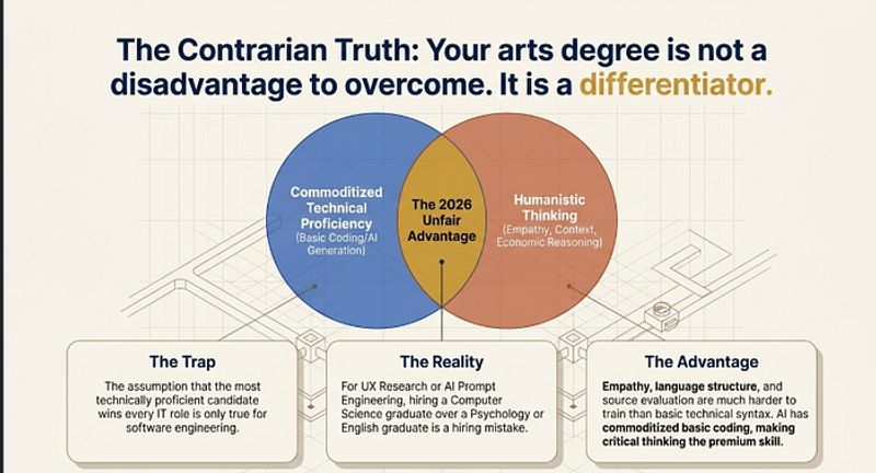 Contrarian truth graphic showing that arts graduates have natural advantages over technical graduates in UX Research Business Analysis and AI Prompt Engineering roles