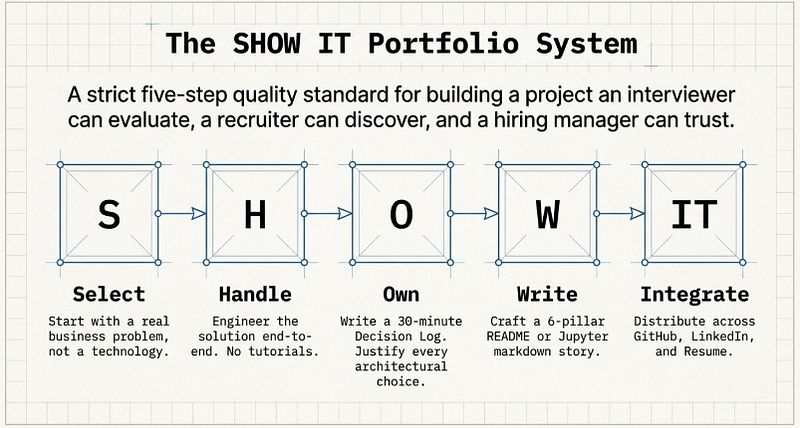 SHOW IT Portfolio System five steps — Select a problem Handle end-to-end Own every decision Write documentation Integrate everywhere