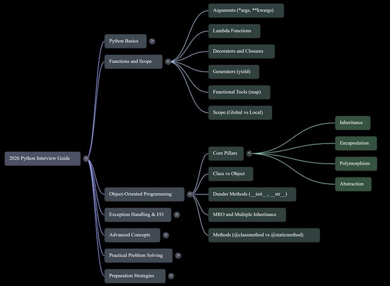 Python interview topic breakdown chart showing percentage weightage for basics, OOP, functions, and advanced concepts