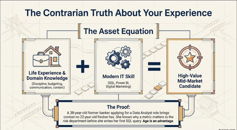 Contrarian truth graphic showing why career re-starters with domain experience are valuable IT candidates compared to fresh graduates without context