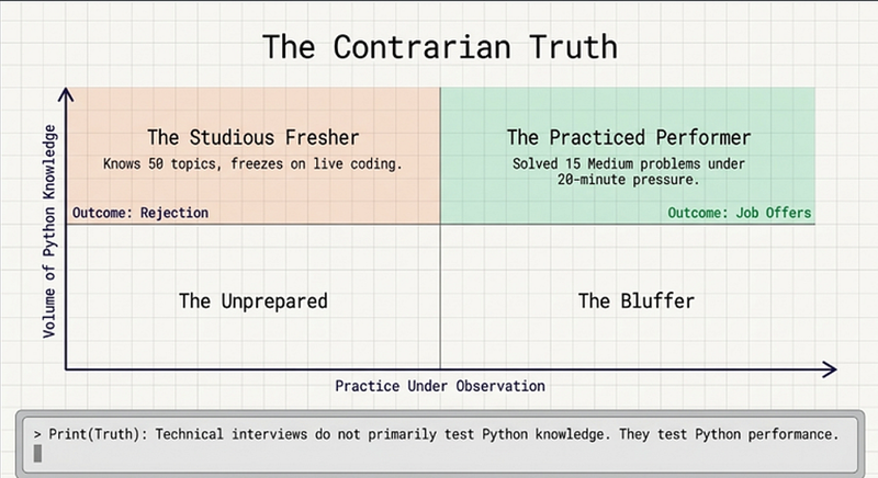 Contrarian truth graphic showing why Python interview tests performance not knowledge and requires different preparation methods