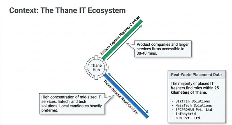 Map of Thane IT ecosystem showing company concentration along Thane-Belapur Road Airoli Mahape Turbhe and Eastern Express Highway corridor