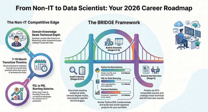 Infographic showing the myth that Data Science requires an engineering degree versus the reality of professional Data Science work in Indian companies in 2026