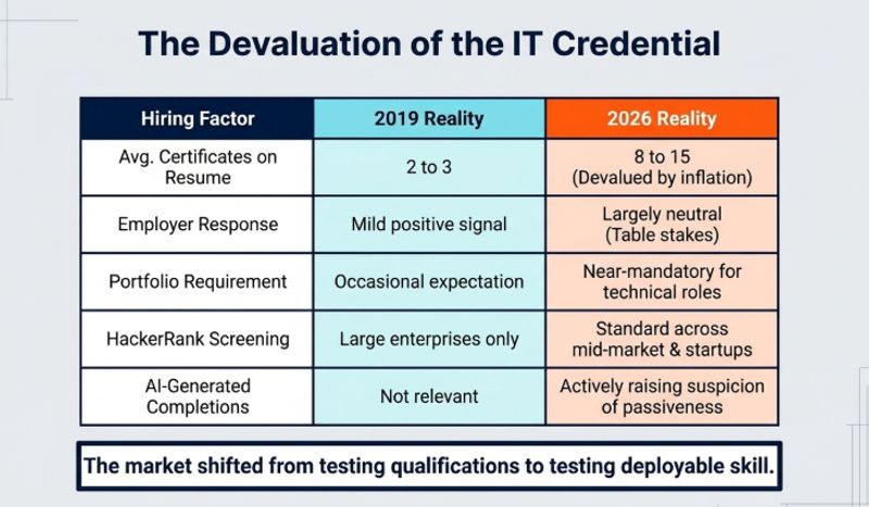 IT certificate landscape comparison table showing how certificate value has changed then versus now in India from earlier years to 2026