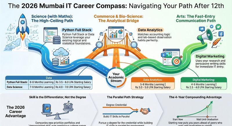 Infographic showing why the IT skill decision made after 12th in Mumbai in 2026 matters more than college choice for employment outcomes