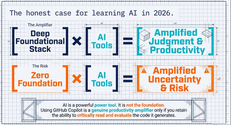 Honest case for learning AI in 2026 showing the conditions — foundation in primary stack and active application context — that make AI learning productive