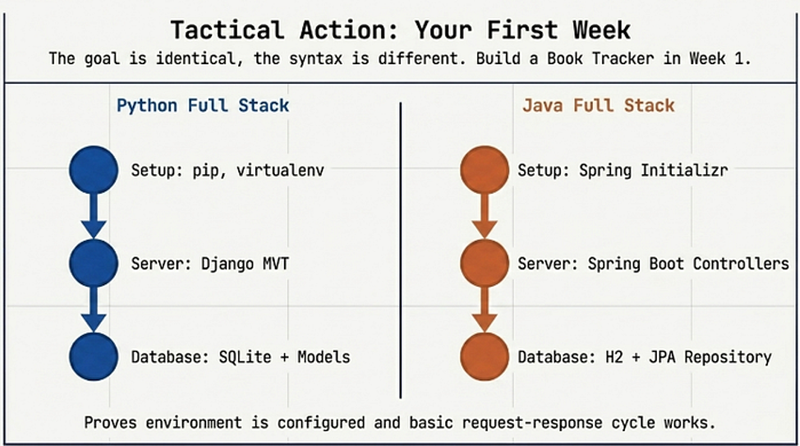 First week tactical project plan for Python Full Stack and Java Full Stack showing Book Tracker application build steps