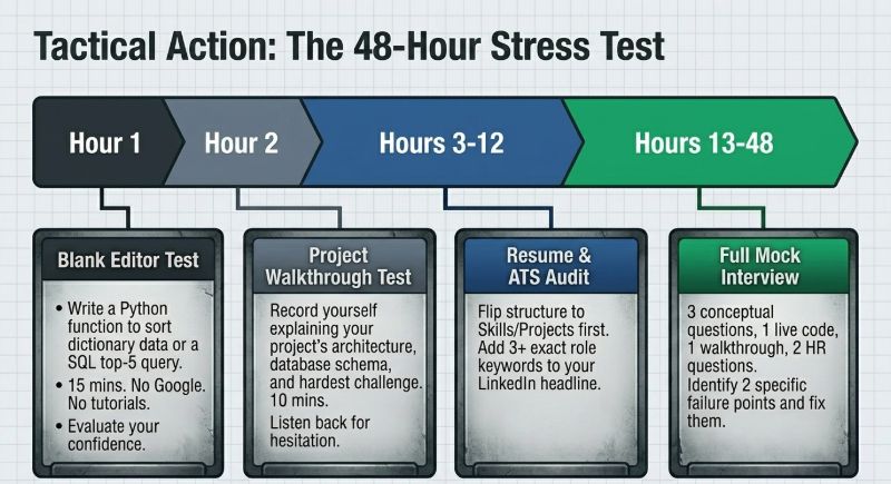 48-hour IT job-readiness stress test showing four sequential tests from blank editor coding through project walkthrough resume audit and mock interview