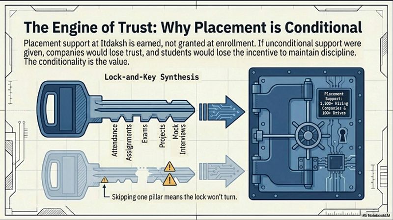 Skill Mastery Framework placement eligibility flowchart showing how all five pillars determine whether a student receives placement support