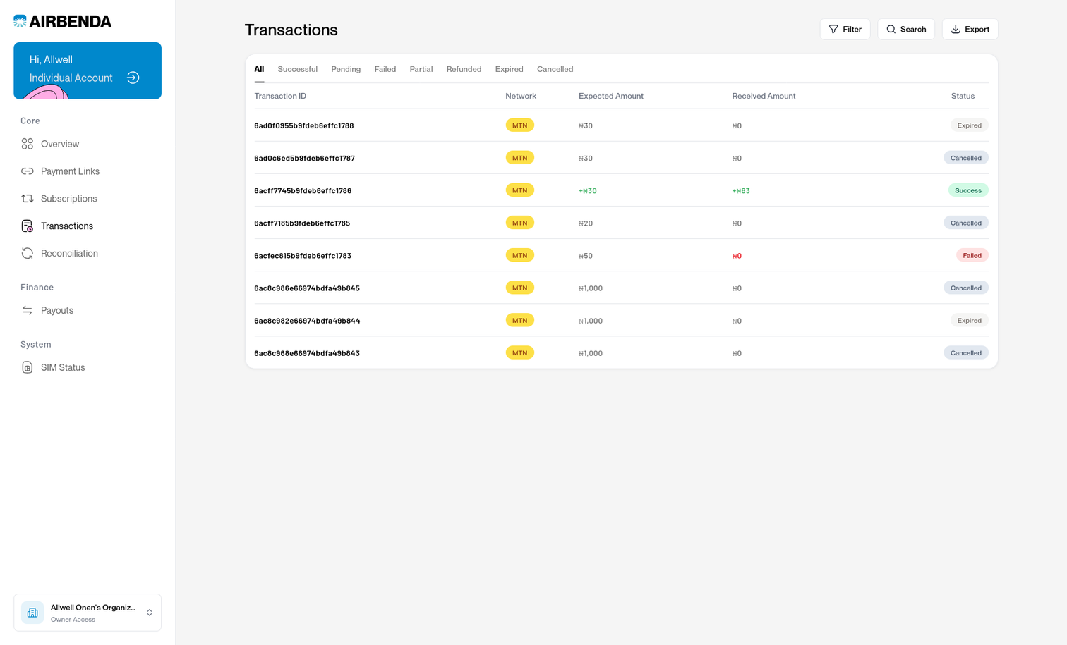 Merchant transactions screen with status tabs and expected and received airtime amounts.