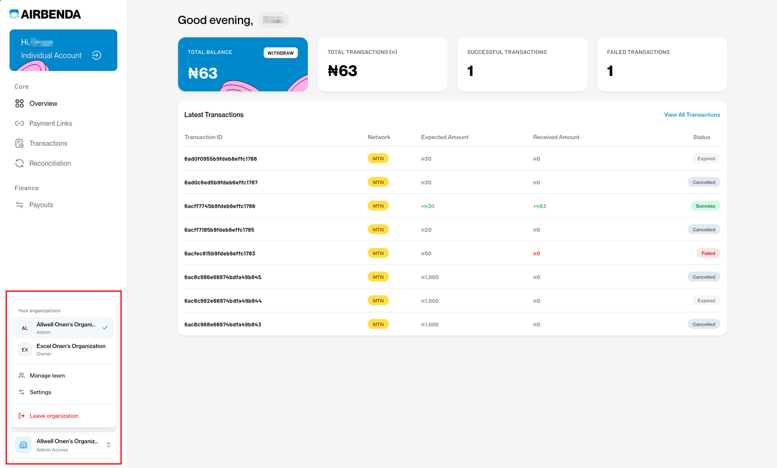 Open organization switcher showing available organizations and team and settings shortcuts.