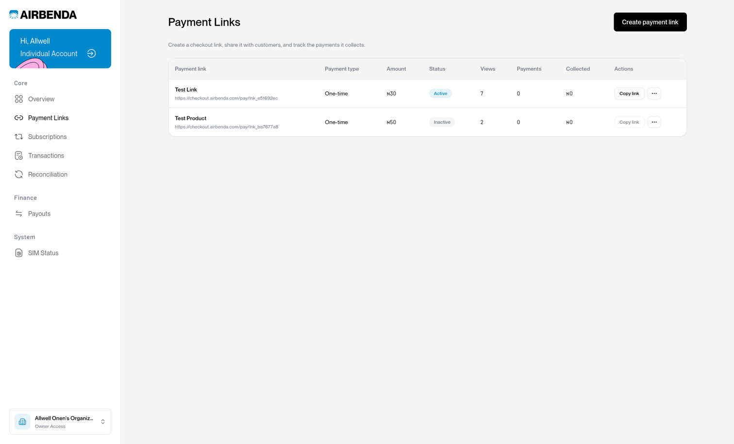 Merchant payment-link table with payment types, amounts, status, views and collected payments.