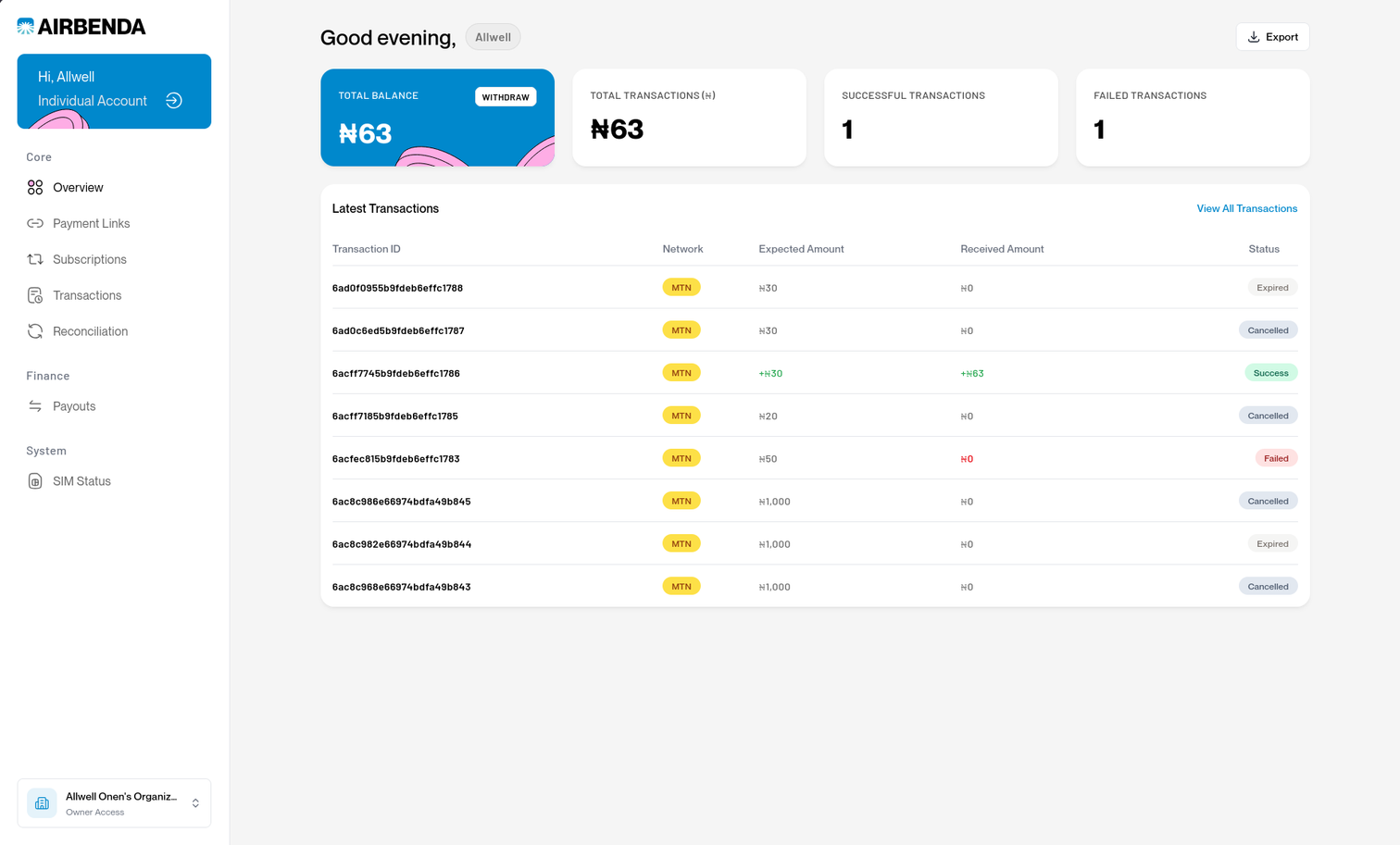 Airbenda merchant dashboard showing account balance, transaction summaries and recent payment statuses.