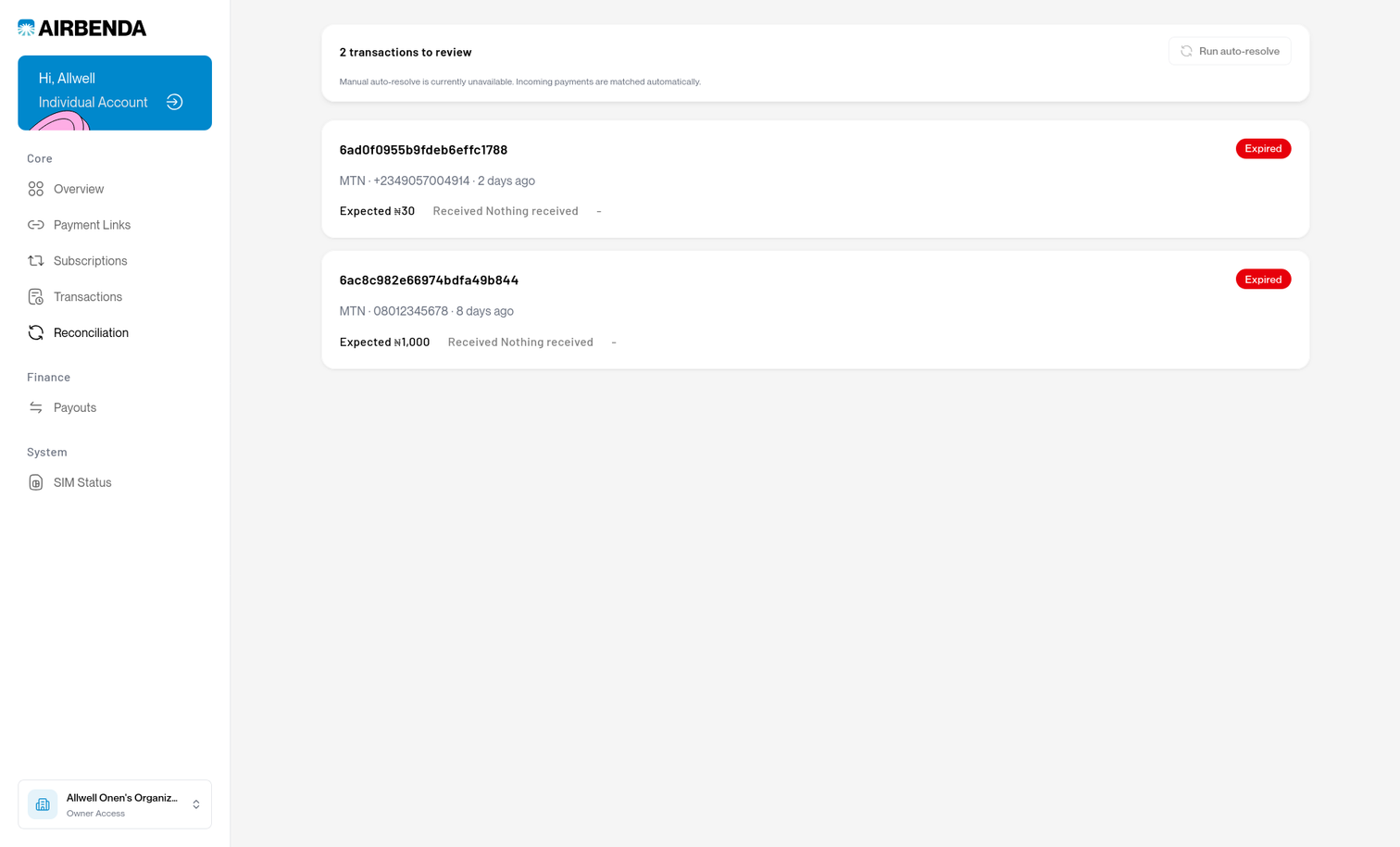 Merchant reconciliation screen listing expired transactions requiring review.