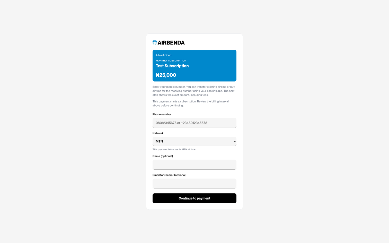Hosted Airbenda checkout form showing an amount due and fields for phone number, network, name and receipt email.