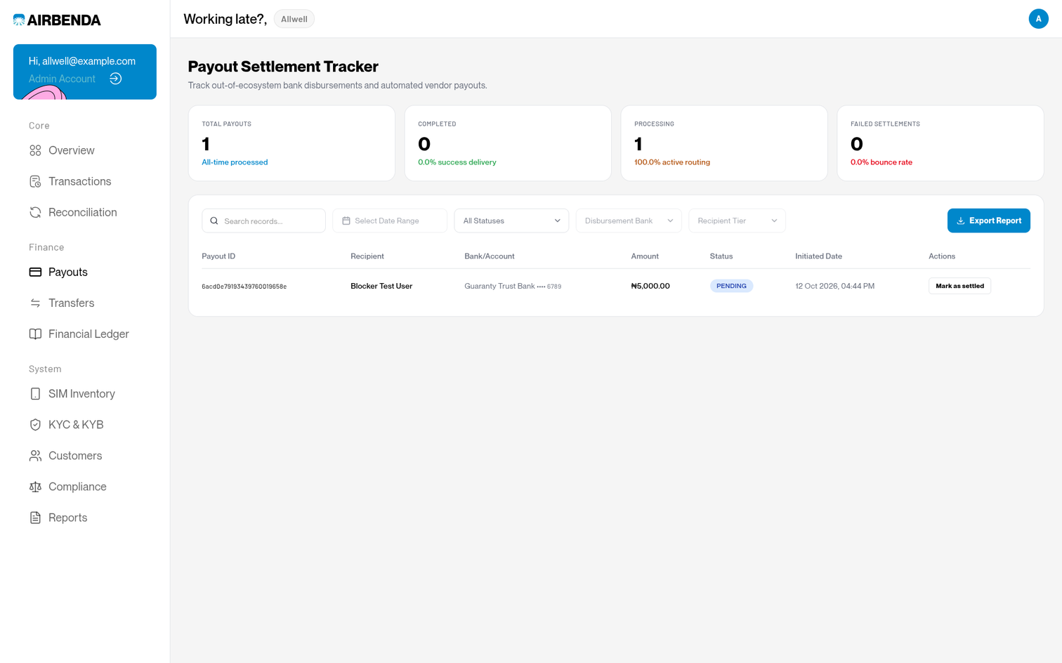 Payout settlement tracker with status summaries, filters and a pending settlement action.
