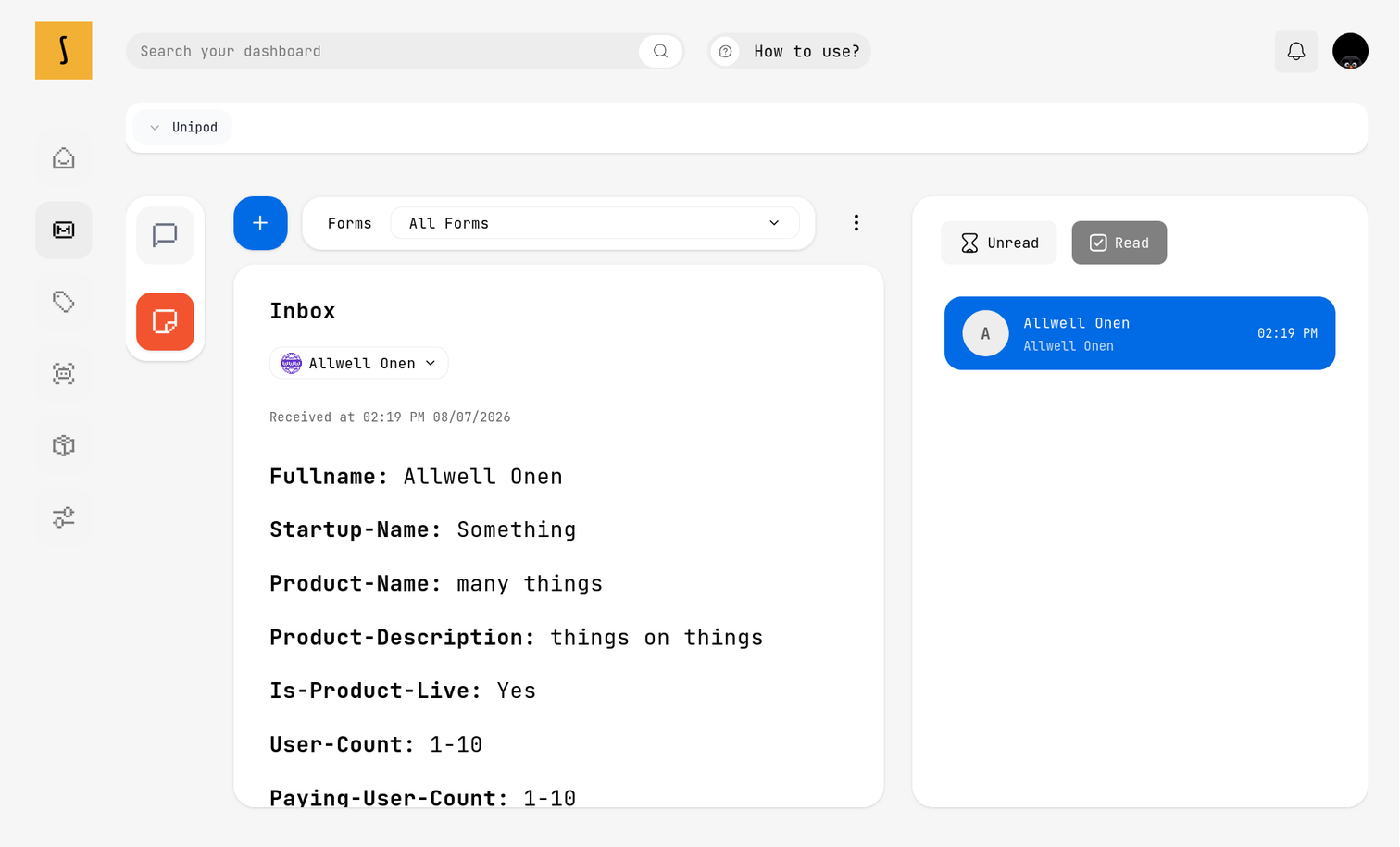 Swift Agents Forms inbox showing the form selector, read and unread controls, and a selected submission rendered as labelled fields.