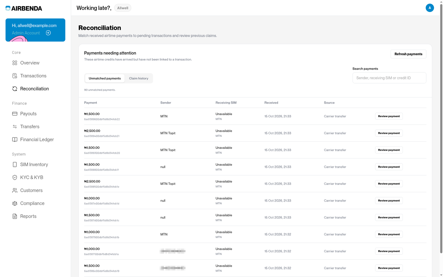 Administrative reconciliation hub showing unmatched airtime payments and review actions.