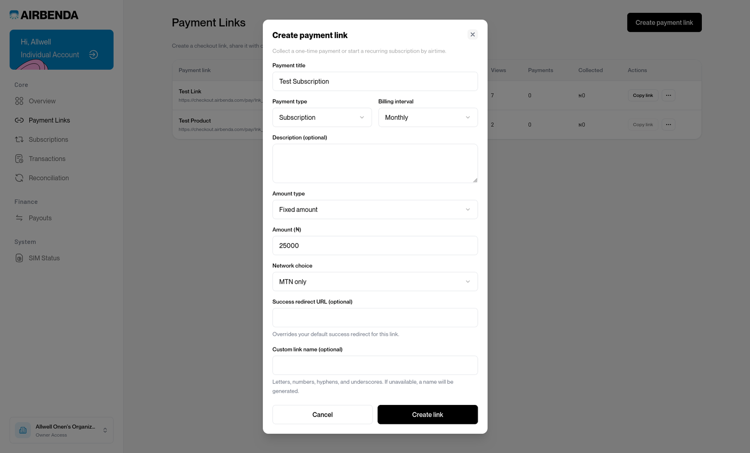 Create payment link dialog with payment title, type, billing interval, amount and network settings.