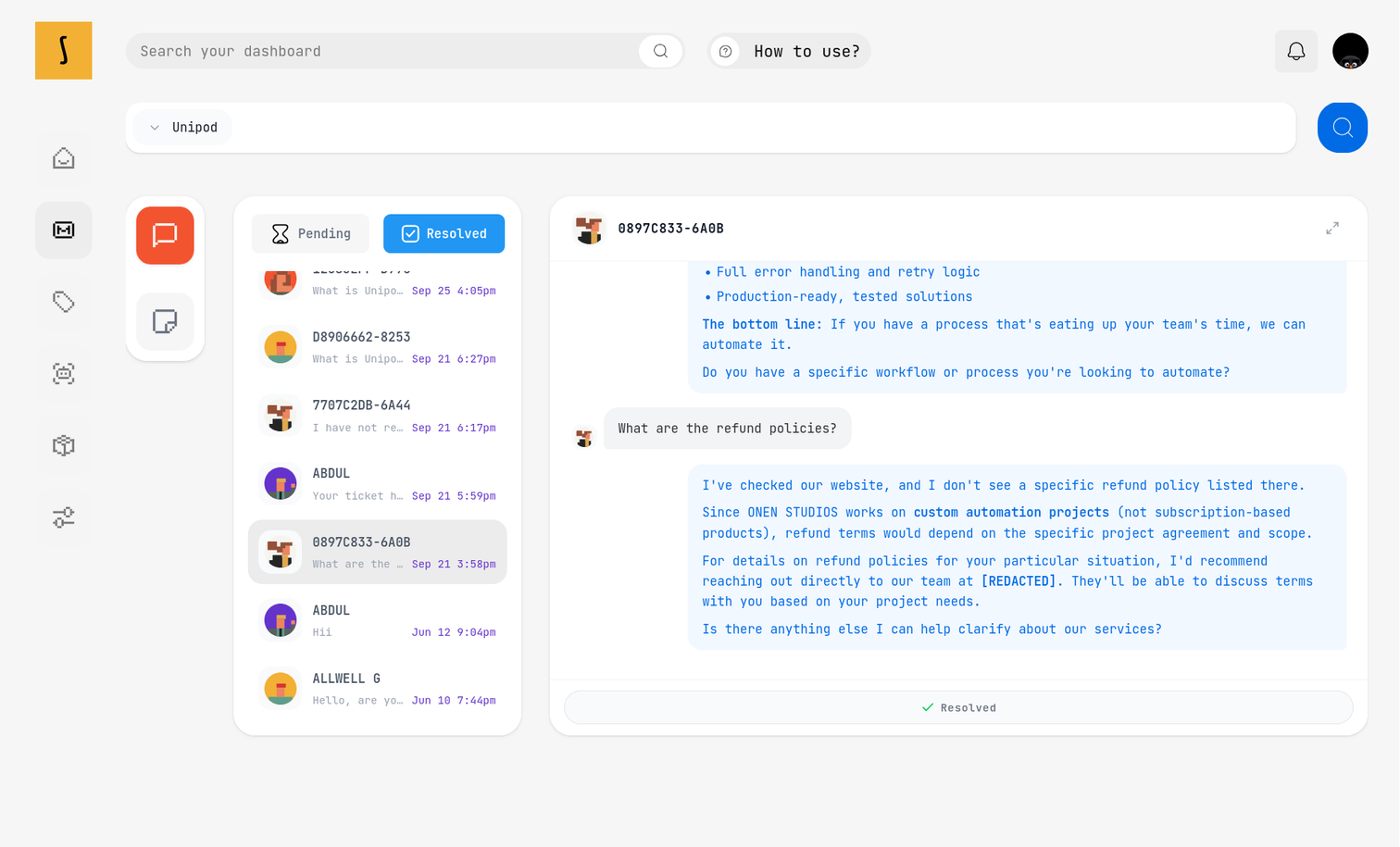 Swift Agents support workspace with pending and resolved controls, a conversation list and an open resolved chat thread.