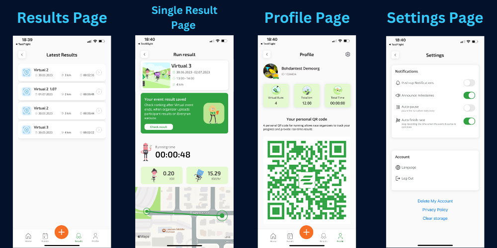 screenshots of the Results Page, Single Result Page, Profile Page,Settings Page