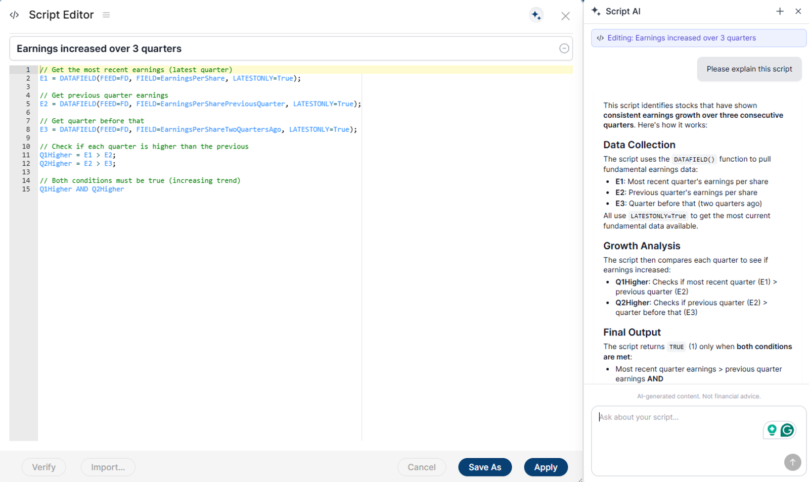 AI Chat building a script in Optuma