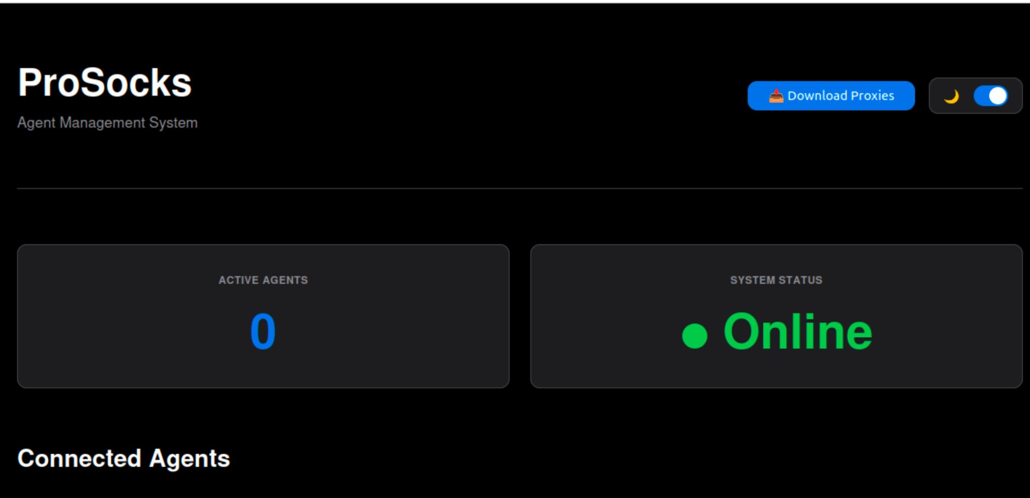 the operator's live "Agent Management System", reporting 0 active agents.