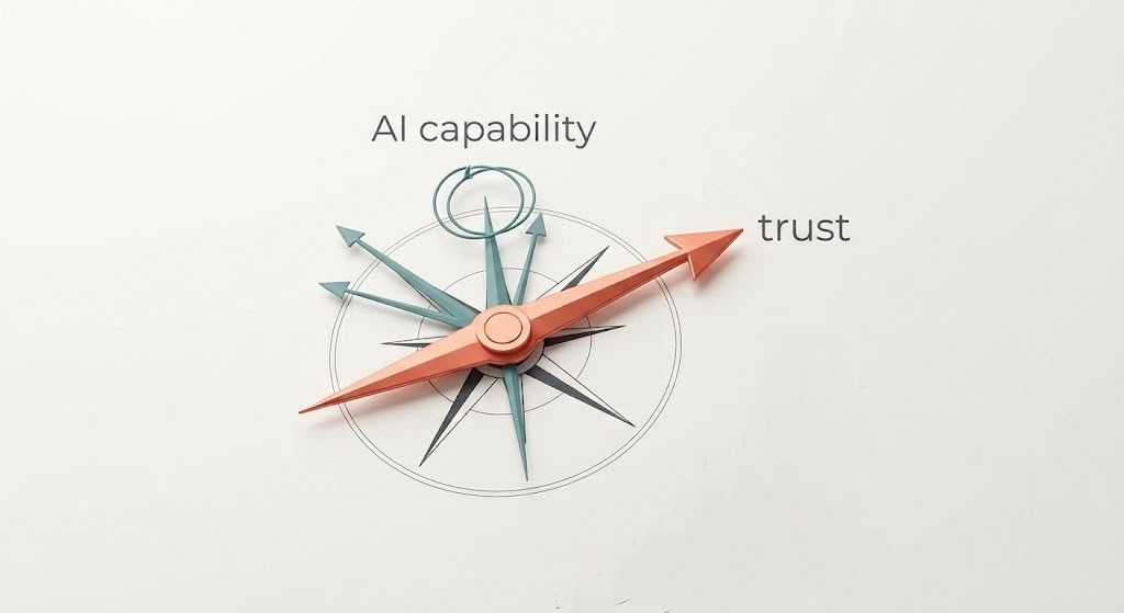 Compass needle pointing toward trust, away from AI capability