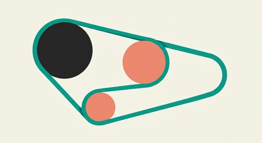 Illustration of a belt looped around three pulleys of different sizes, representing interconnected parts moving at different speeds.