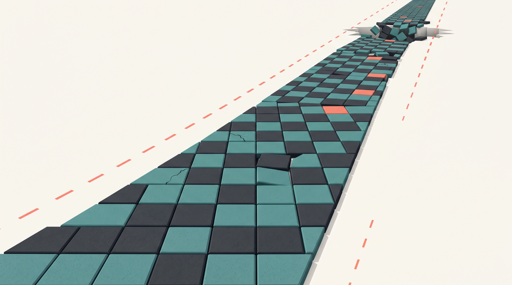 Checkered path with cracks and a gap, representing broken trust