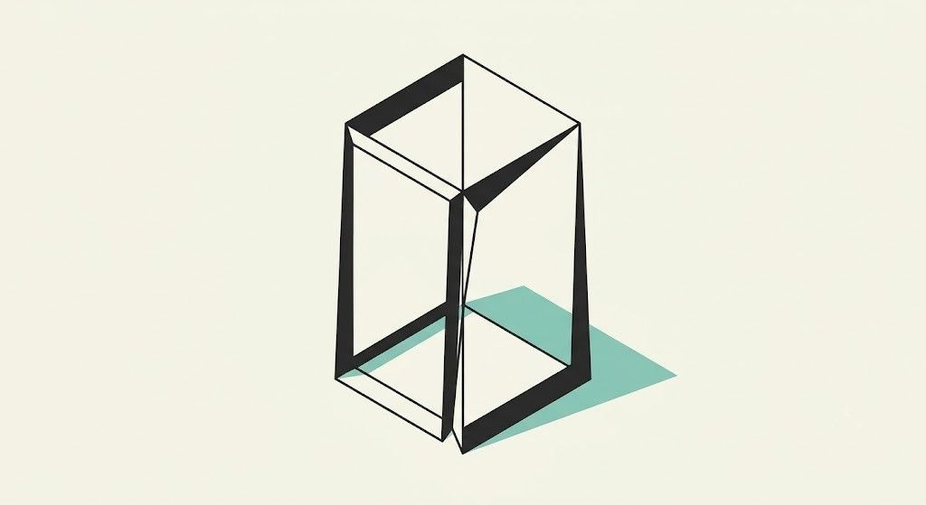 Line-art illustration of an open geometric cube casting a teal shadow, symbolising a hollow or unfulfilled claim.