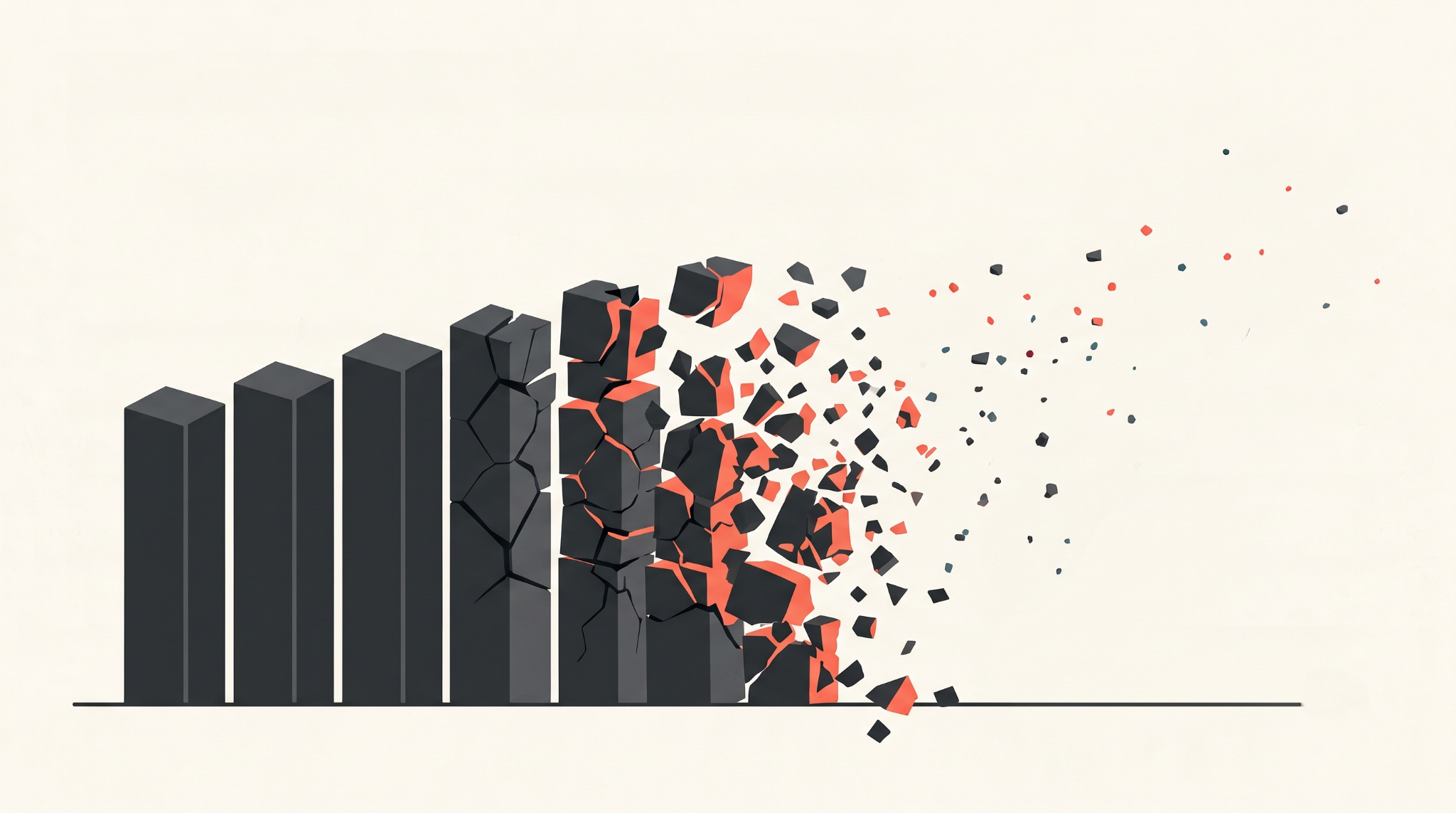 Bar chart crumbling and breaking apart, representing declining competitive advantage