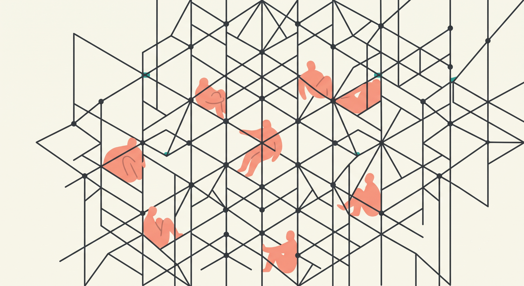 Illustration of human figures interconnected within a geometric lattice, representing coordination inside an organisation.