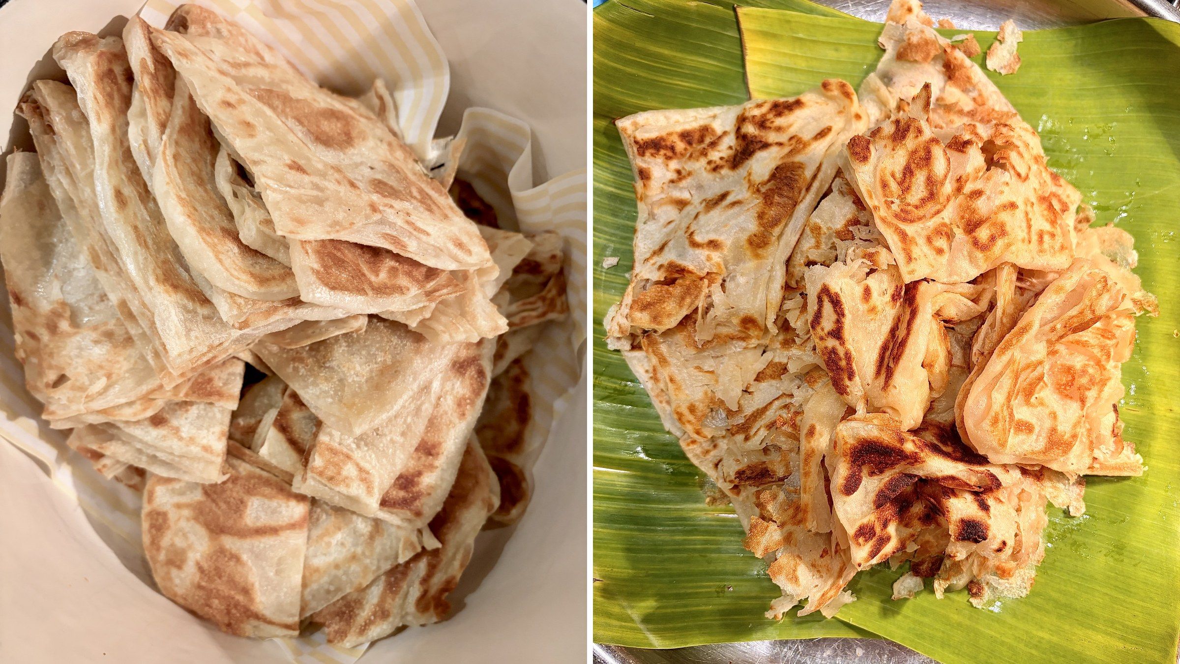 Side by side: pale, uniform hotel roti canai in a bowl next to flaky, charred roti canai on a banana leaf.