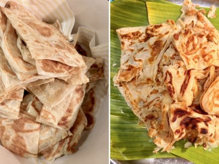 Side by side: pale, uniform hotel roti canai in a bowl next to flaky, charred roti canai on a banana leaf.