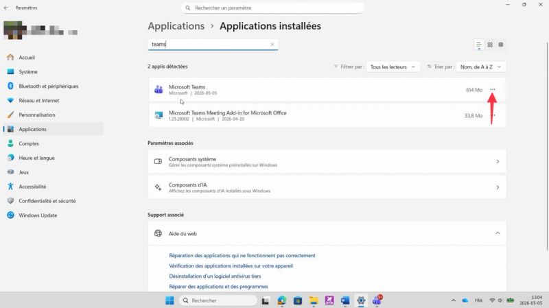Windows Installed apps page showing Microsoft Teams with the three-dot menu highlighted.