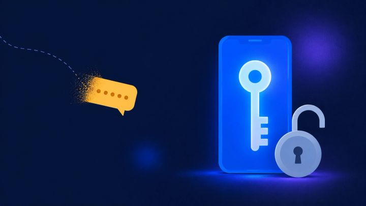Flat vector illustration: a blue phone holds a glowing key beside an open padlock while an amber bubble of dots fades away.