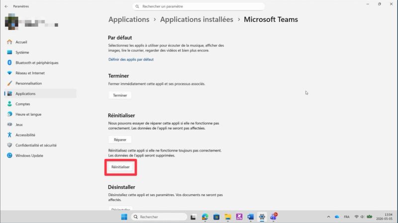 Windows Settings Advanced options page for Microsoft Teams with the Reset button highlighted.